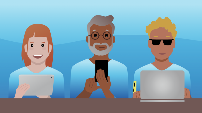 Zeichnung: junge Frau mit Tablet, bärtiger Mann mit Smartphone und blinde Person mit mit Laptop Zeichnung: junge Frau mit Tablet, bärtiger Mann mit Smartphone und blinde Person mit mit Laptop